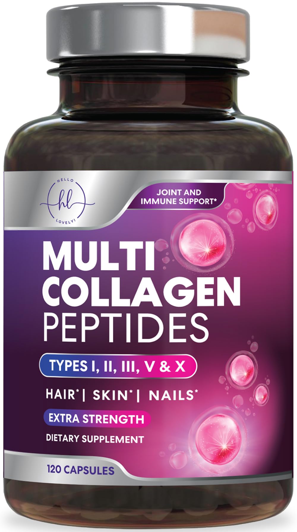 Hello Lovely Multi Collagen bottle with capsules for skin and nails support.