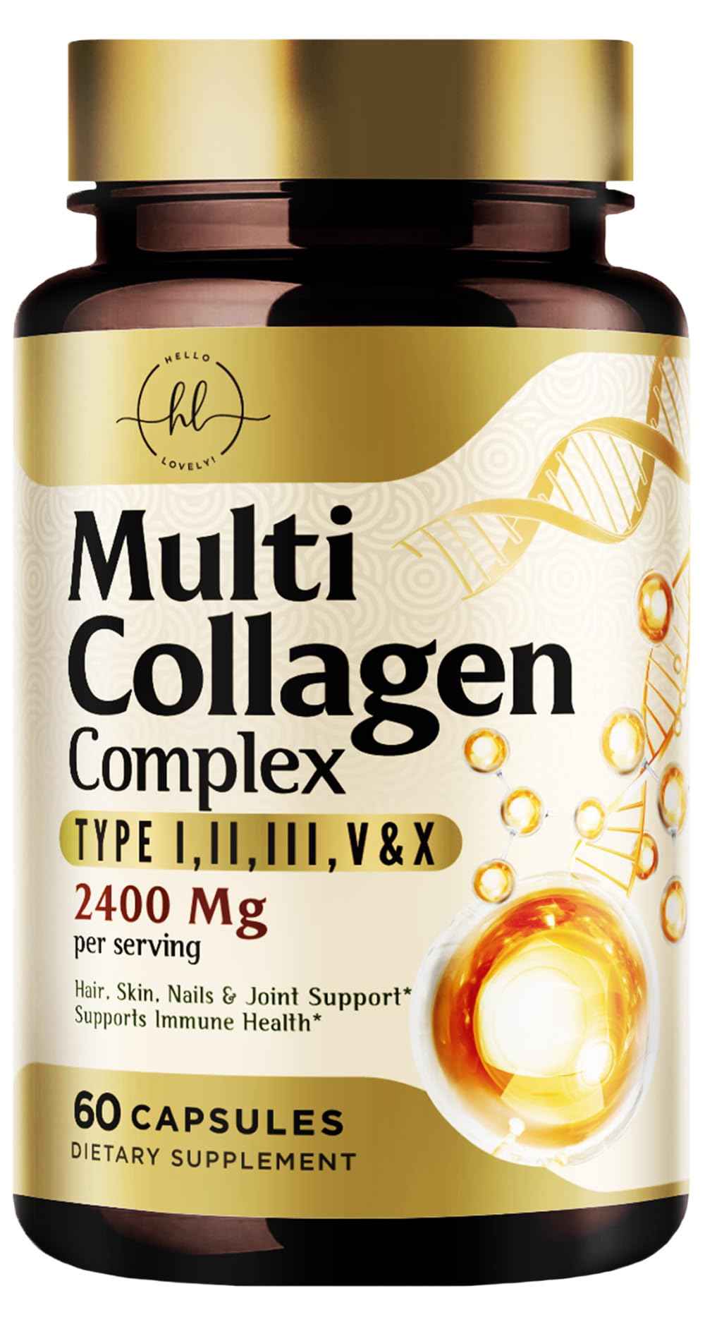 Hello Lovely multi collagen bottle showing Type I–X peptides for beauty support.