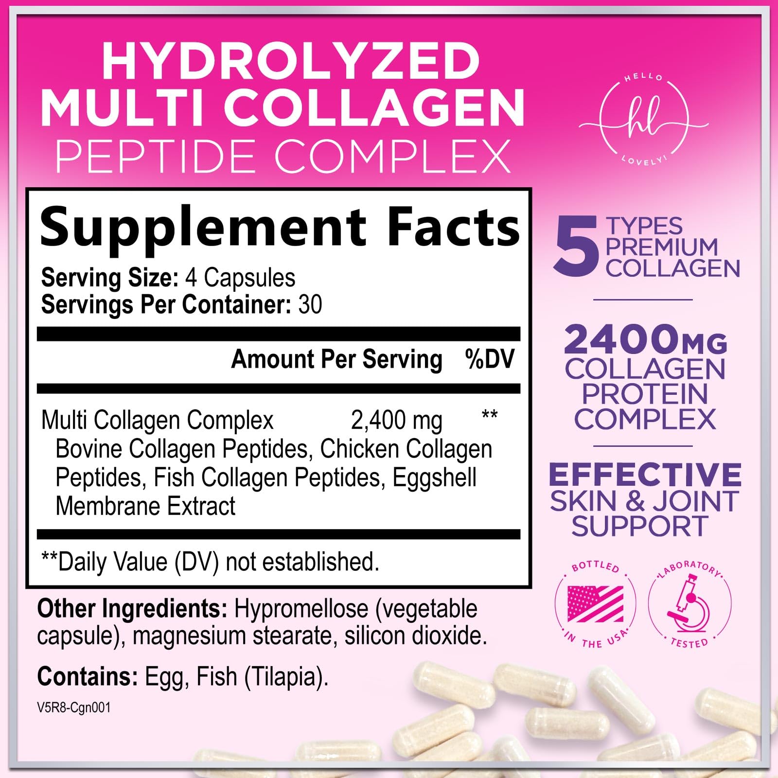 Close-up of Hello Lovely Multi Collagen capsules for hair, skin, and nails.