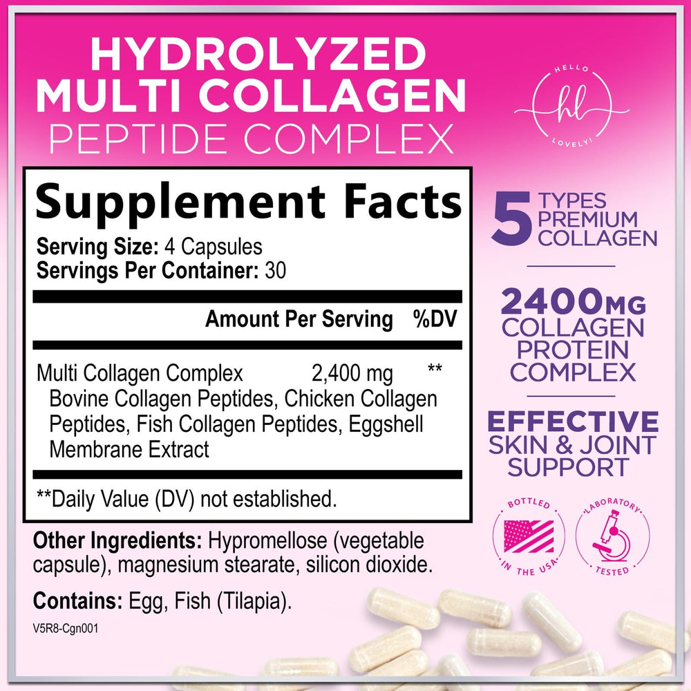 Close-up of Hello Lovely Multi Collagen capsules for hair, skin, and nails.