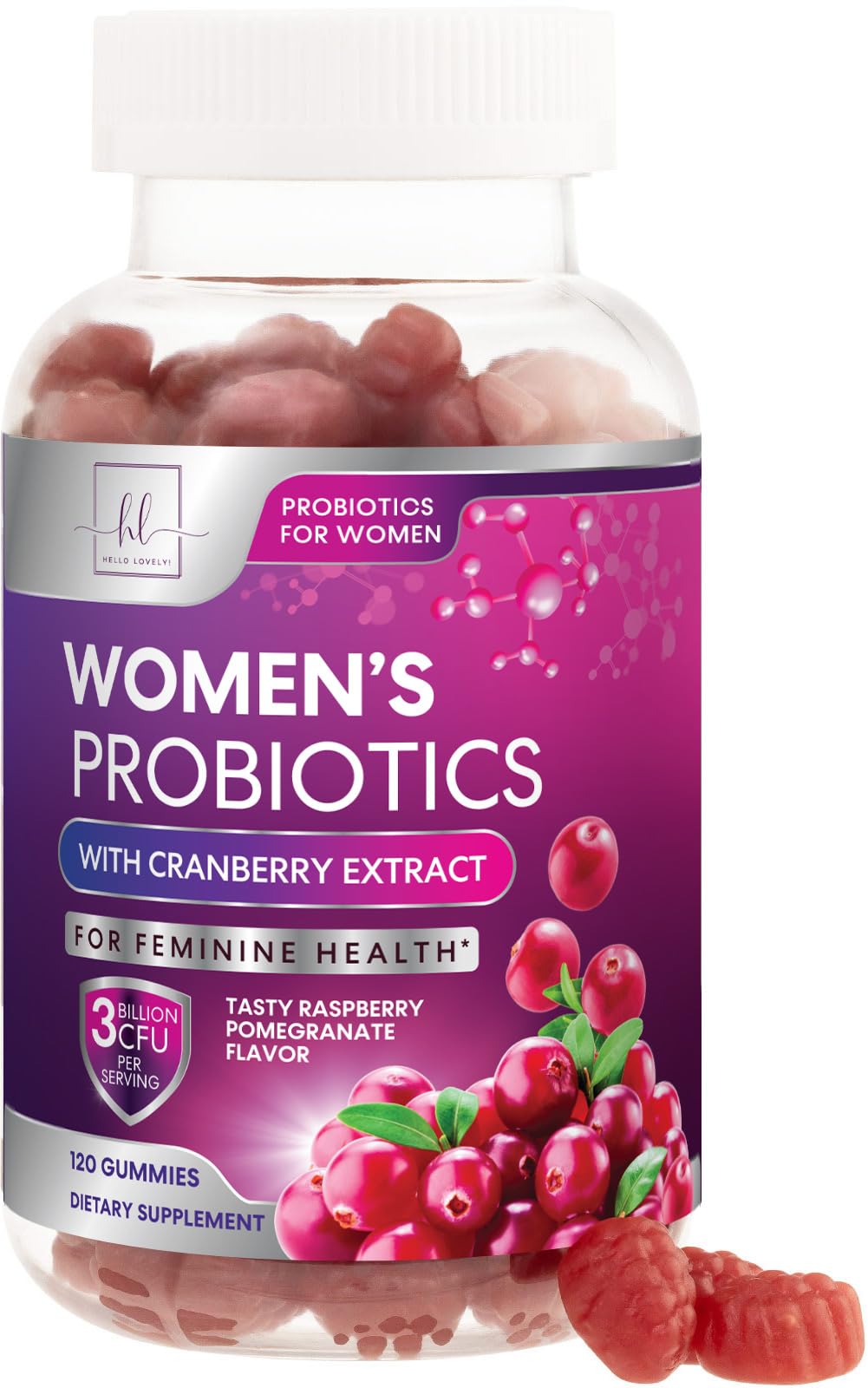 Hello Lovely Probiotics for Women Cranberry Gummies bottle for daily digestive support