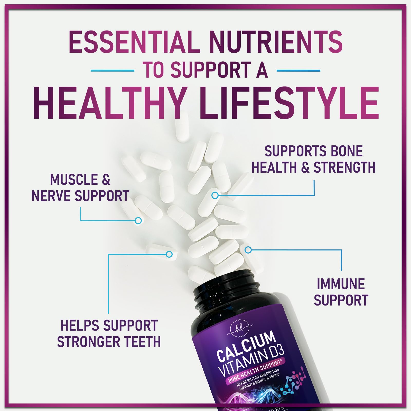 Hello Lovely teeth and bones support visual for overall wellness.