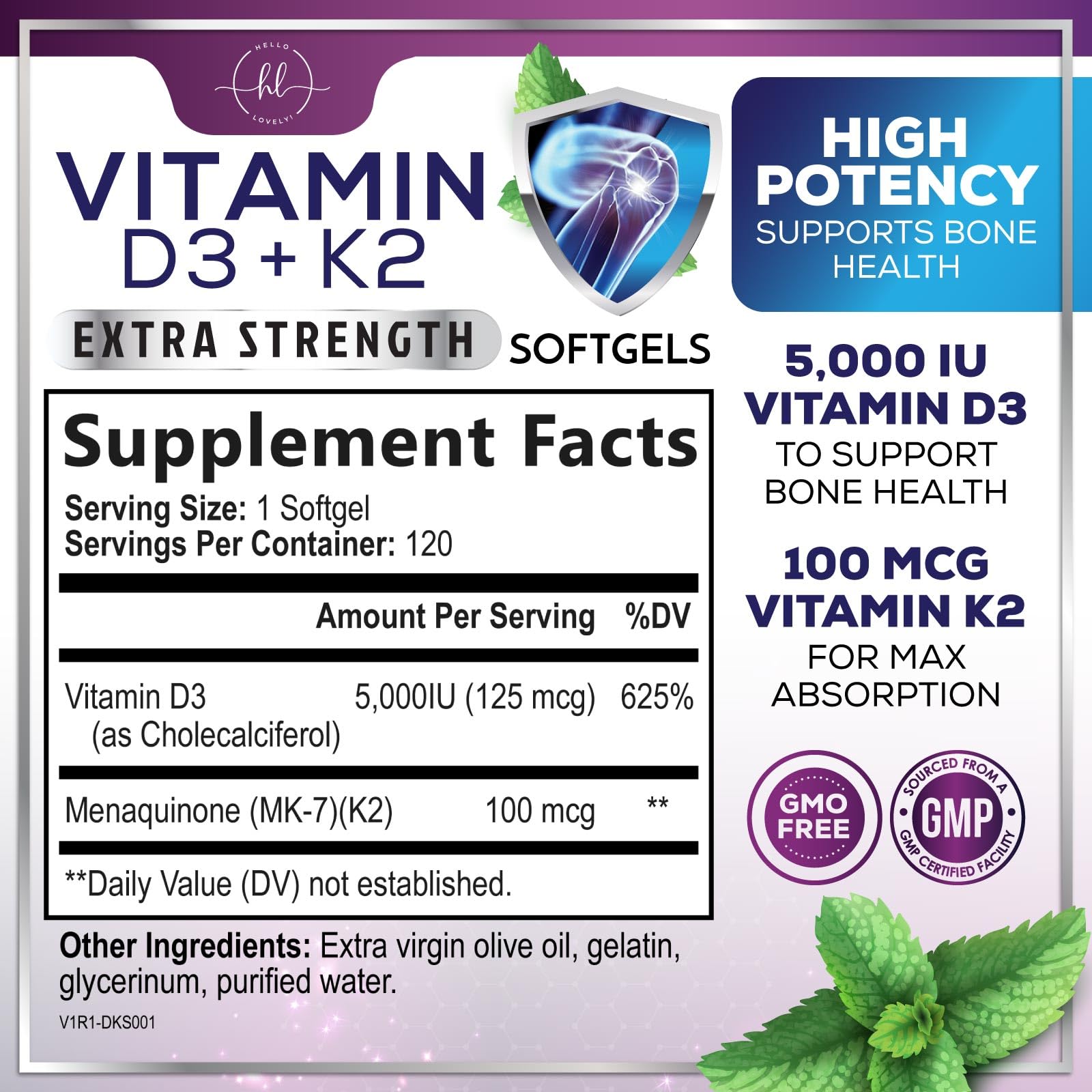 Hello Lovely Vitamin D3 K2 label close-up highlighting MK-7 for calcium utilization.