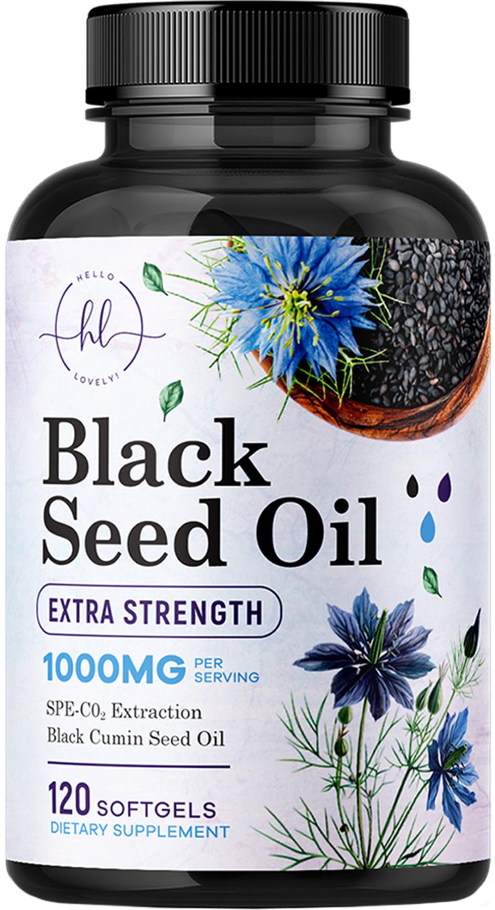 Hello Lovely black seed oil softgels bottle front with 1000 mg per serving for skin and immune support