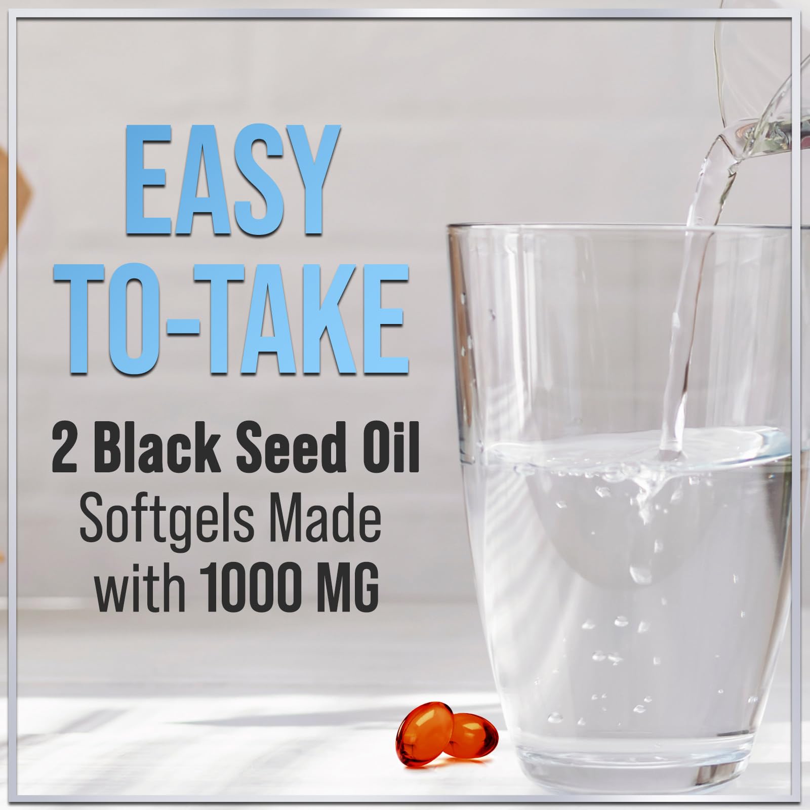 Hello Lovely black seed oil softgels bottle in use on kitchen counter