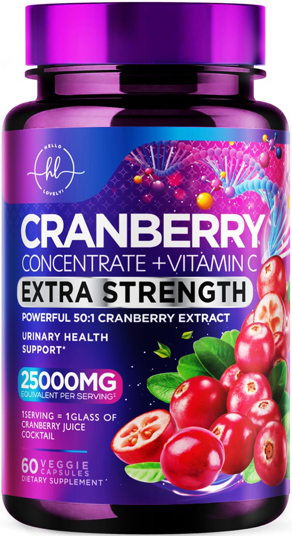 Hello Lovely Cranberry bottle with 60 capsules for urinary tract support.