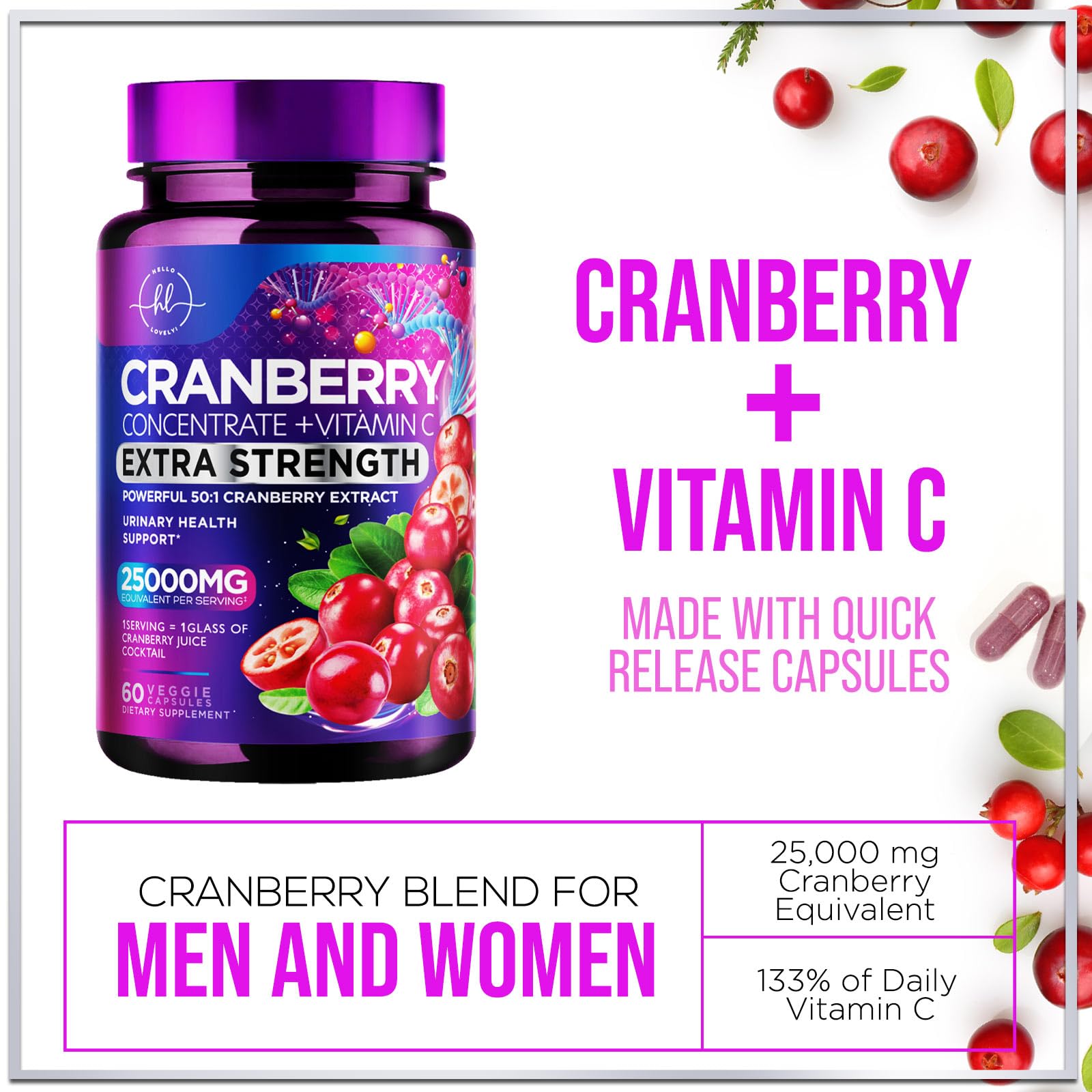 Hello Lovely Cranberry pills closeup showing concentrated whole fruit extract.