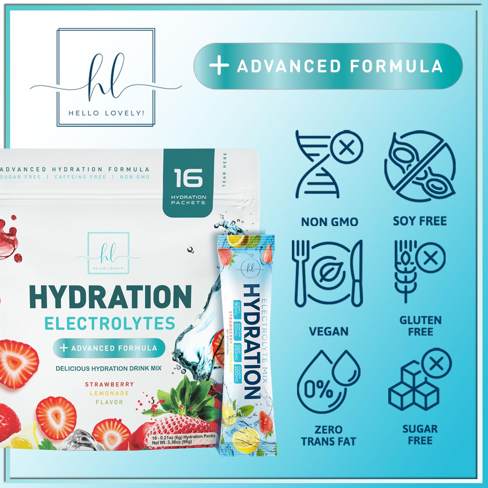 Hello Lovely electrolyte packets dissolving in water for fast refreshment.