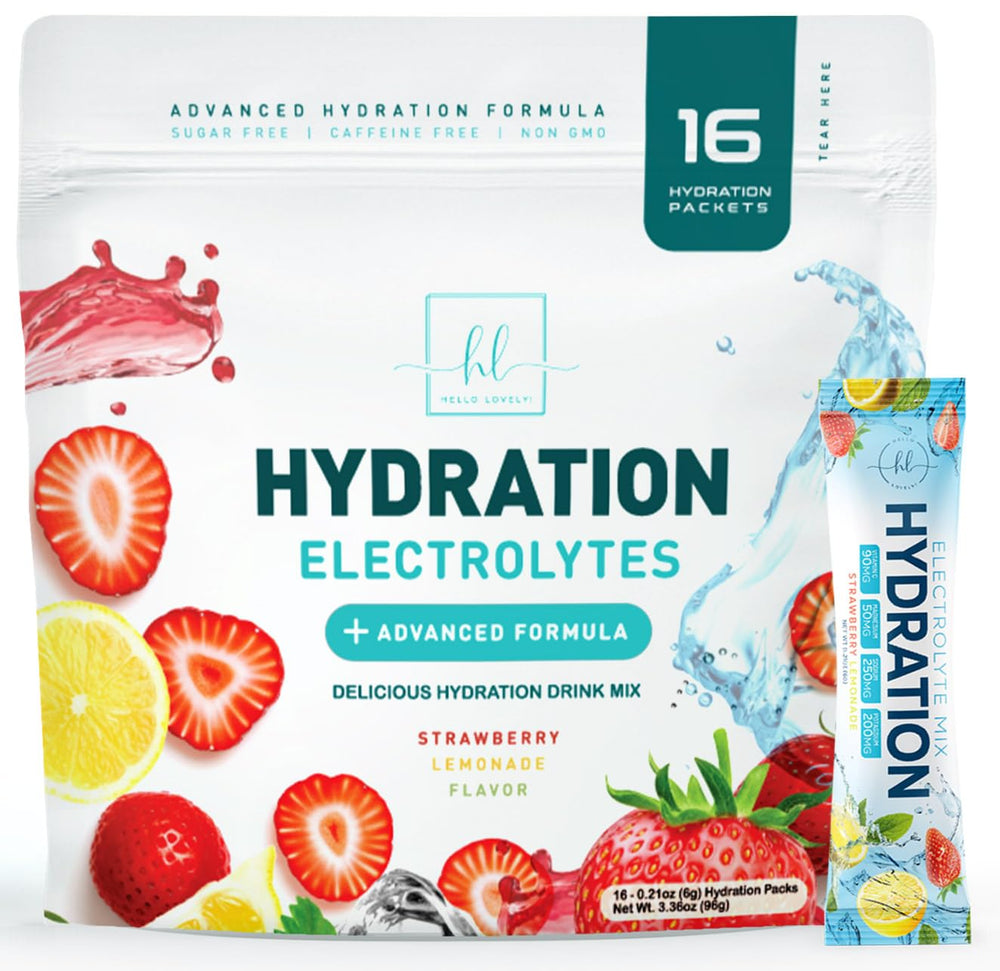 Hello Lovely electrolyte packets packaging front for on-the-go hydration.
