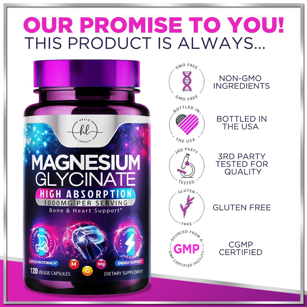 Hello Lovely Magnesium Glycinate purity seal and third-party tested badge assure quality.