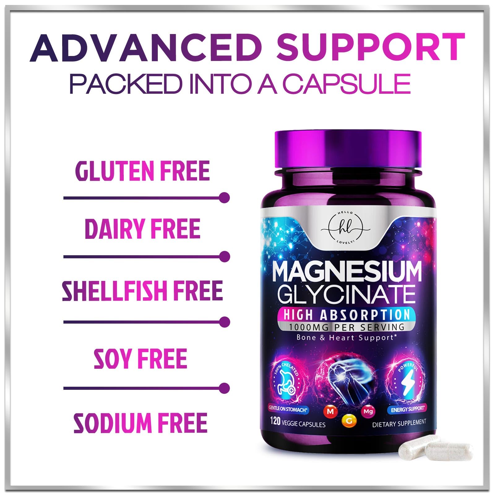 Hello Lovely Magnesium Glycinate bottle used for sleep support promoting restful nights.