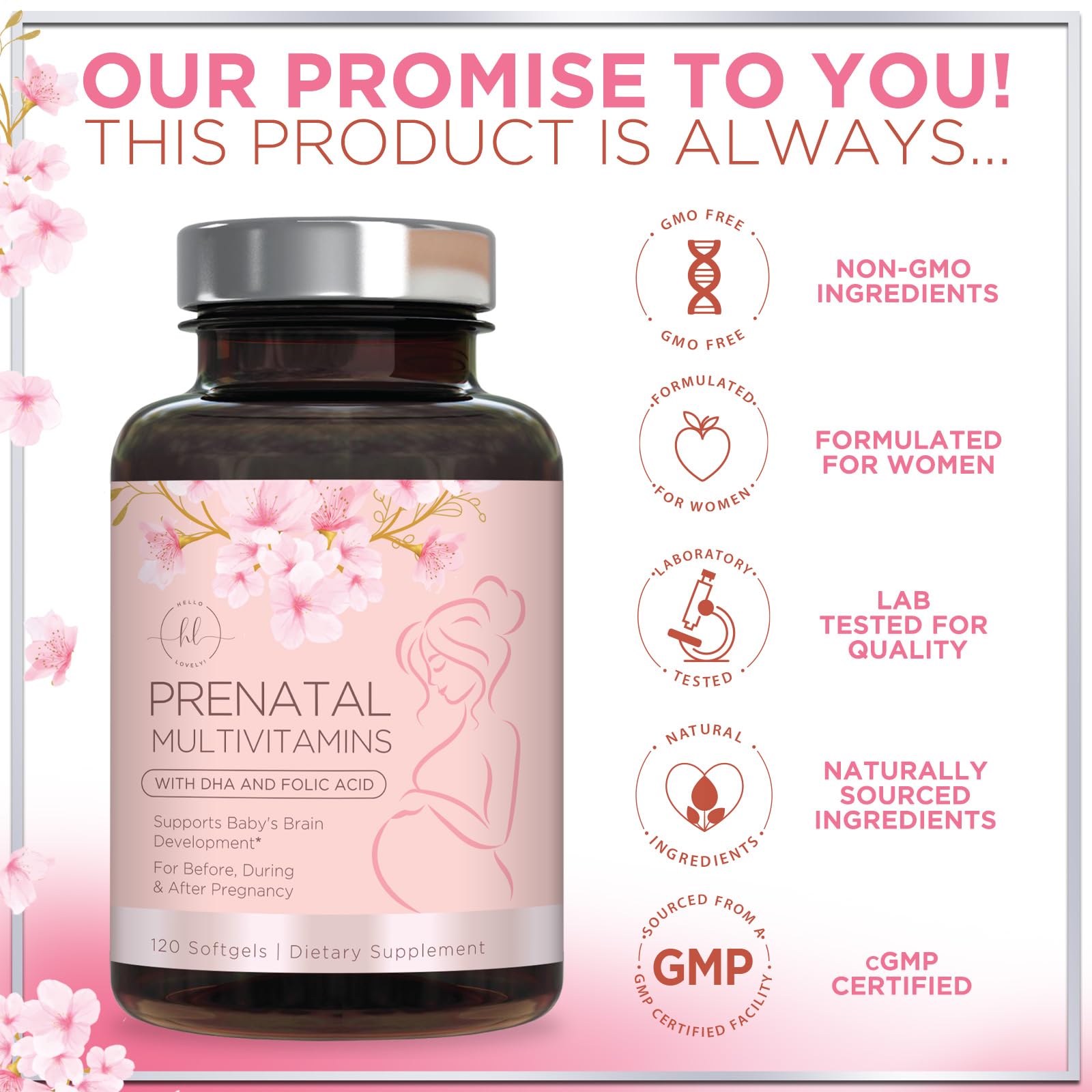 Hello Lovely Prenatal bottle closeup highlights easy-to-take softgels.