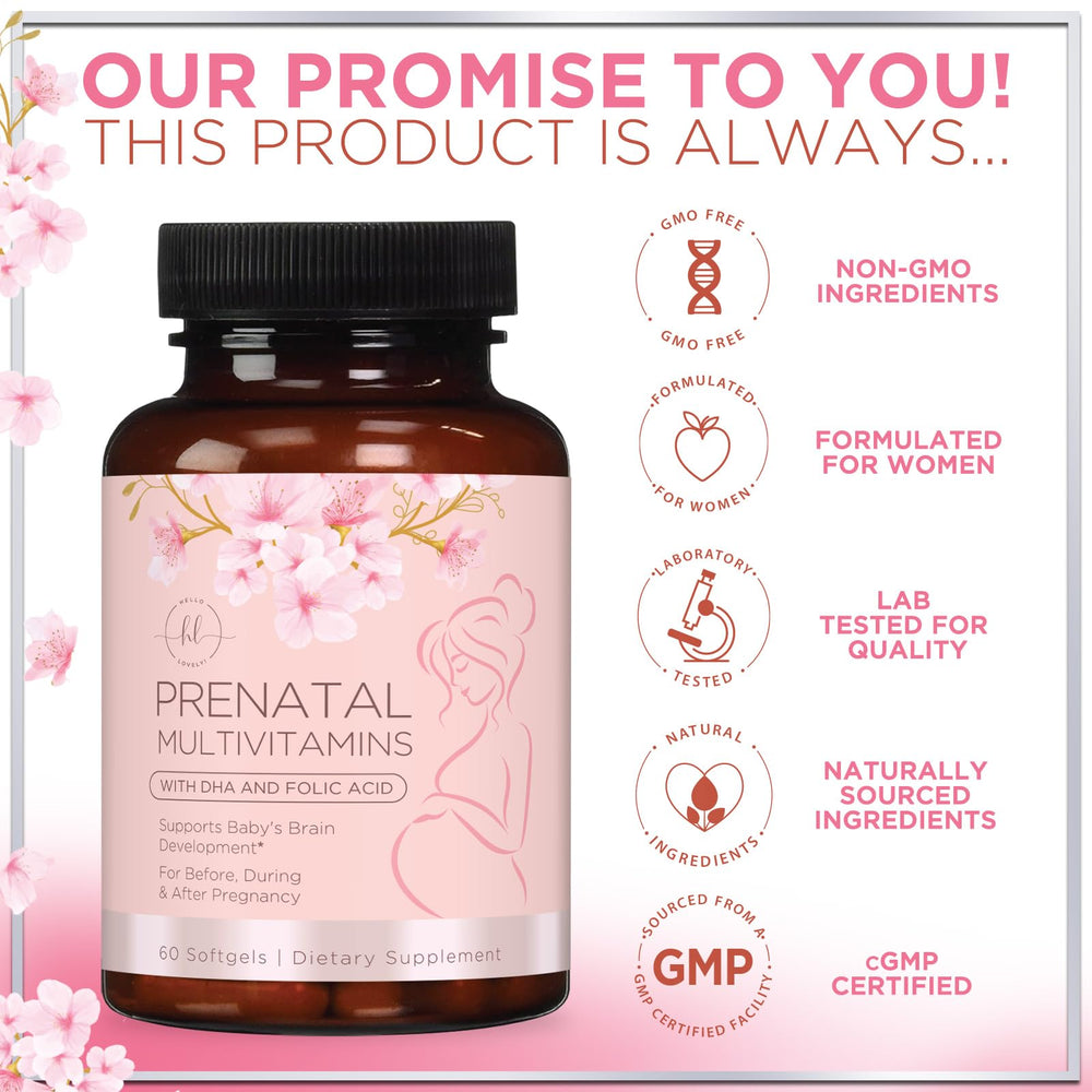 Hello Lovely Prenatal: envase de 60 cápsulas para un suministro de dos meses.