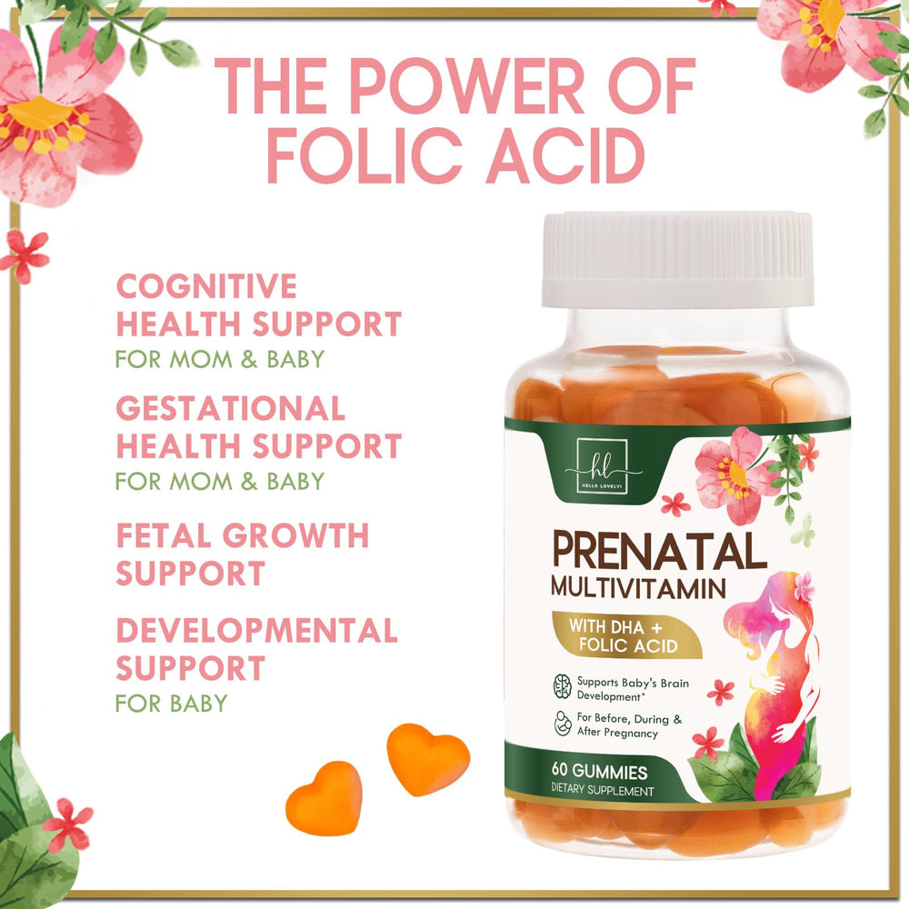 Hello Lovely Prenatal Gummies DHA and choline icons signaling development support.