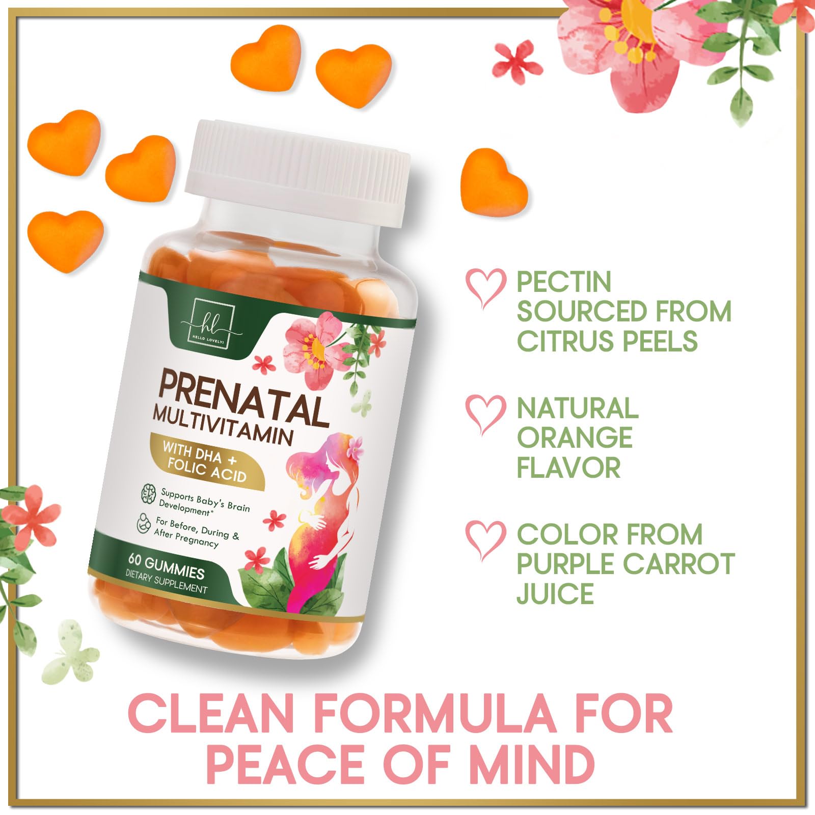 Hello Lovely Prenatal Gummies gluten-free badge beside bottle.
