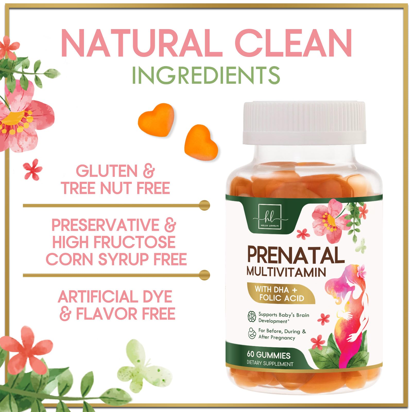 Hello Lovely Prenatal Gummies bottle on kitchen counter for daily routine.
