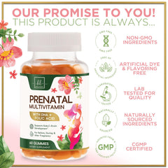 Hello Lovely Prenatal Gummies nutrition label highlights folate and DHA.