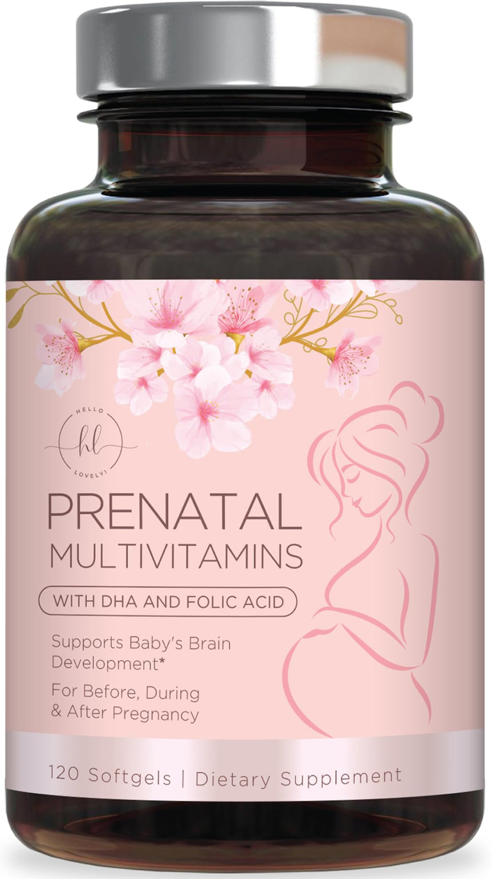 Hello Lovely Prenatal softgels bottle shows complete prenatal nutrition.