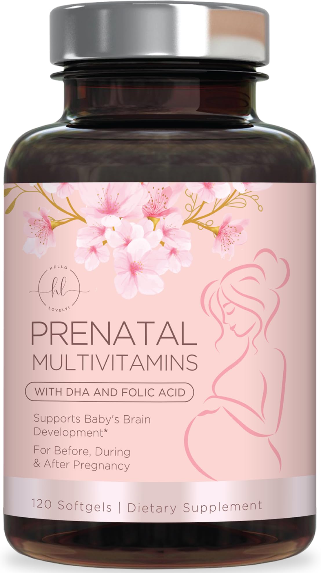 Hello Lovely Prenatal softgels bottle shows complete prenatal nutrition.