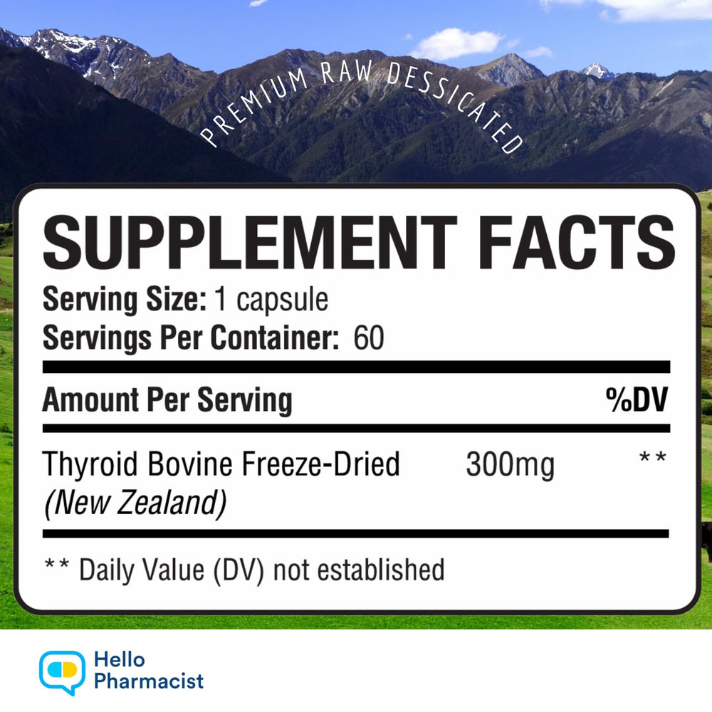 HelloPharmacist bovine thyroid capsules closeup highlights convenient daily intake.