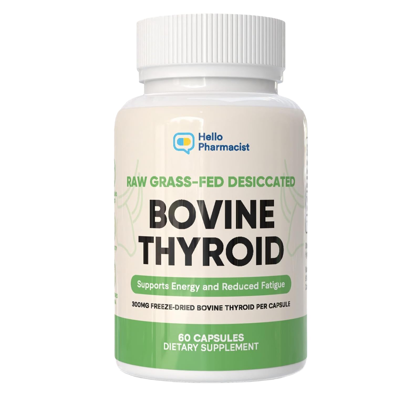HelloPharmacist raw thyroid bottle showcases 300mg per capsule for daily energy support.