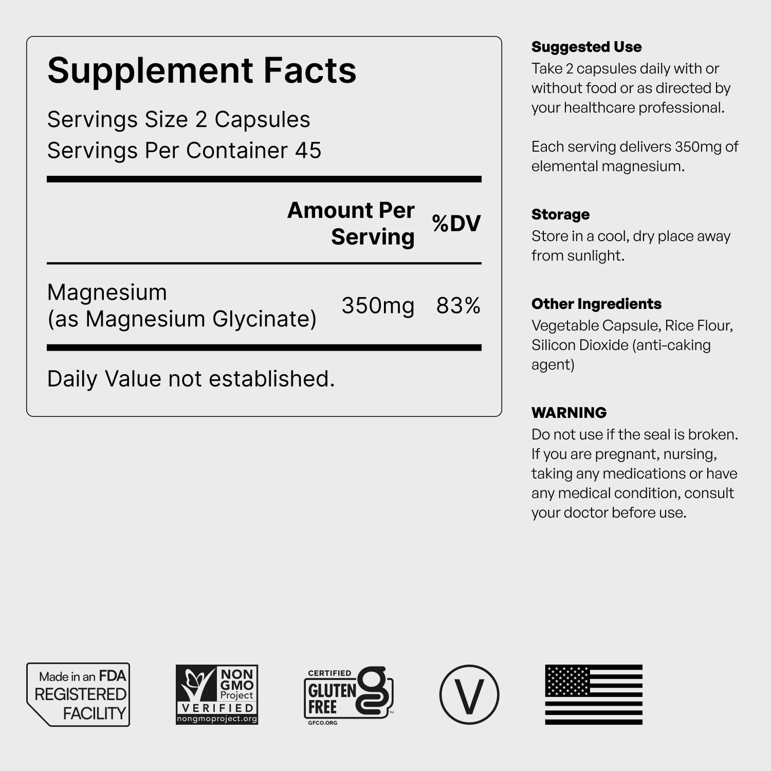 Helm Nutrition vegan non-GMO certification icon accompanies magnesium glycinate