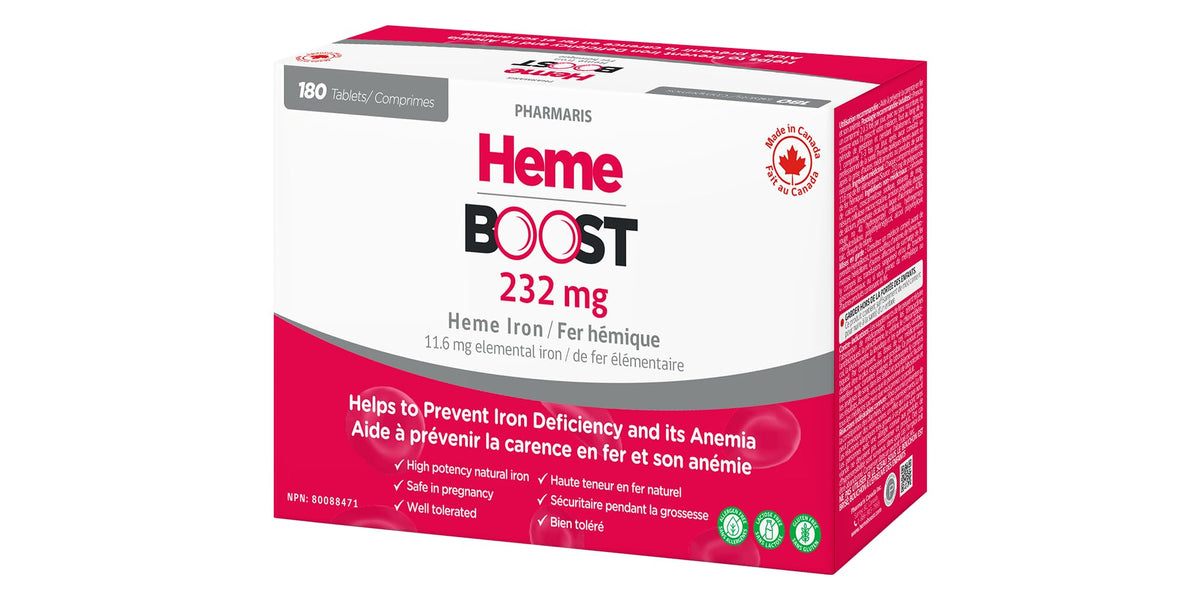 Hemeboost iron tablets: bottle pouring shows easy intake and high absorption.