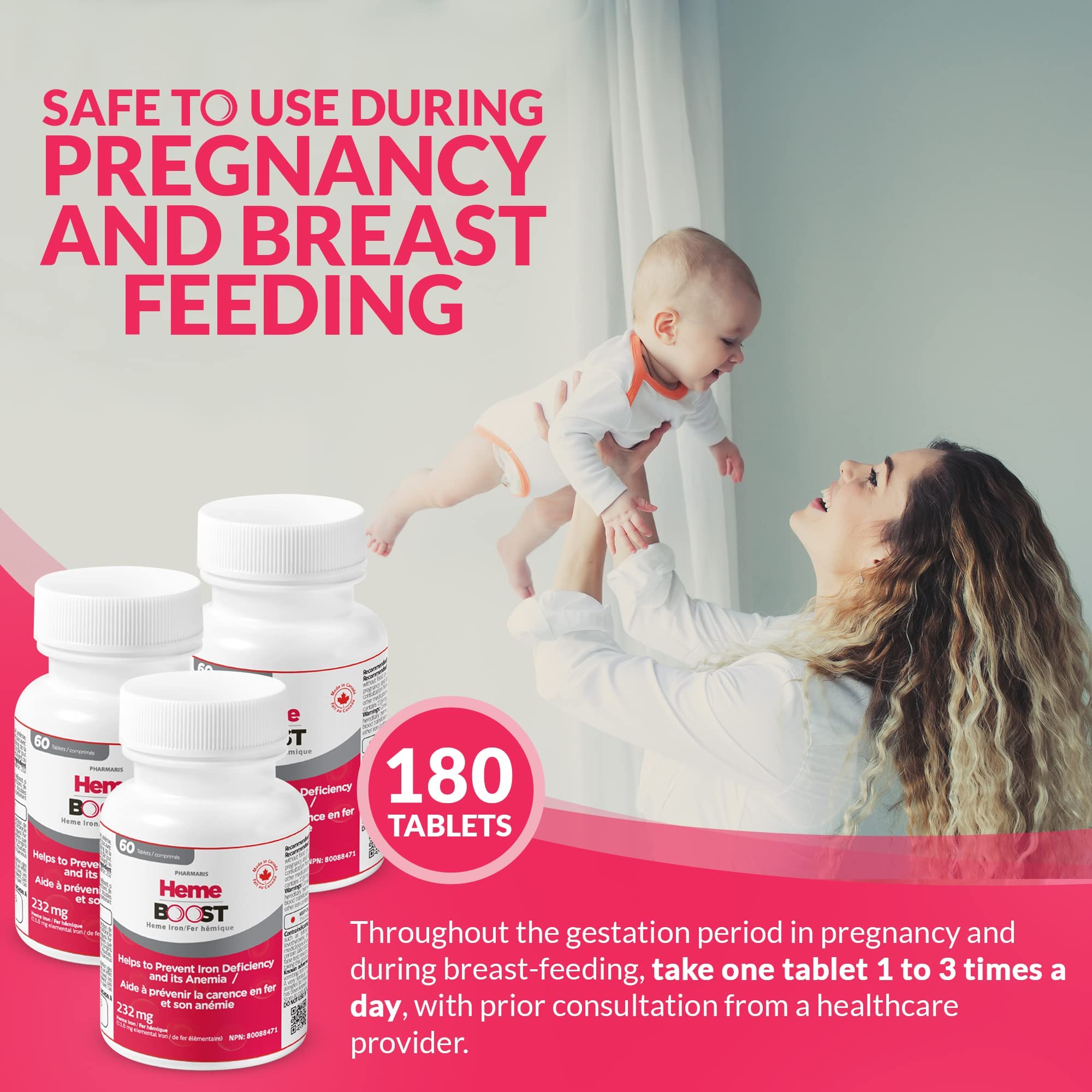 Hemeboost pregnancy-safe icon signals safe use for expectant mothers.