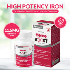 Hemeboost tablets close-up highlights compact size for daily use.