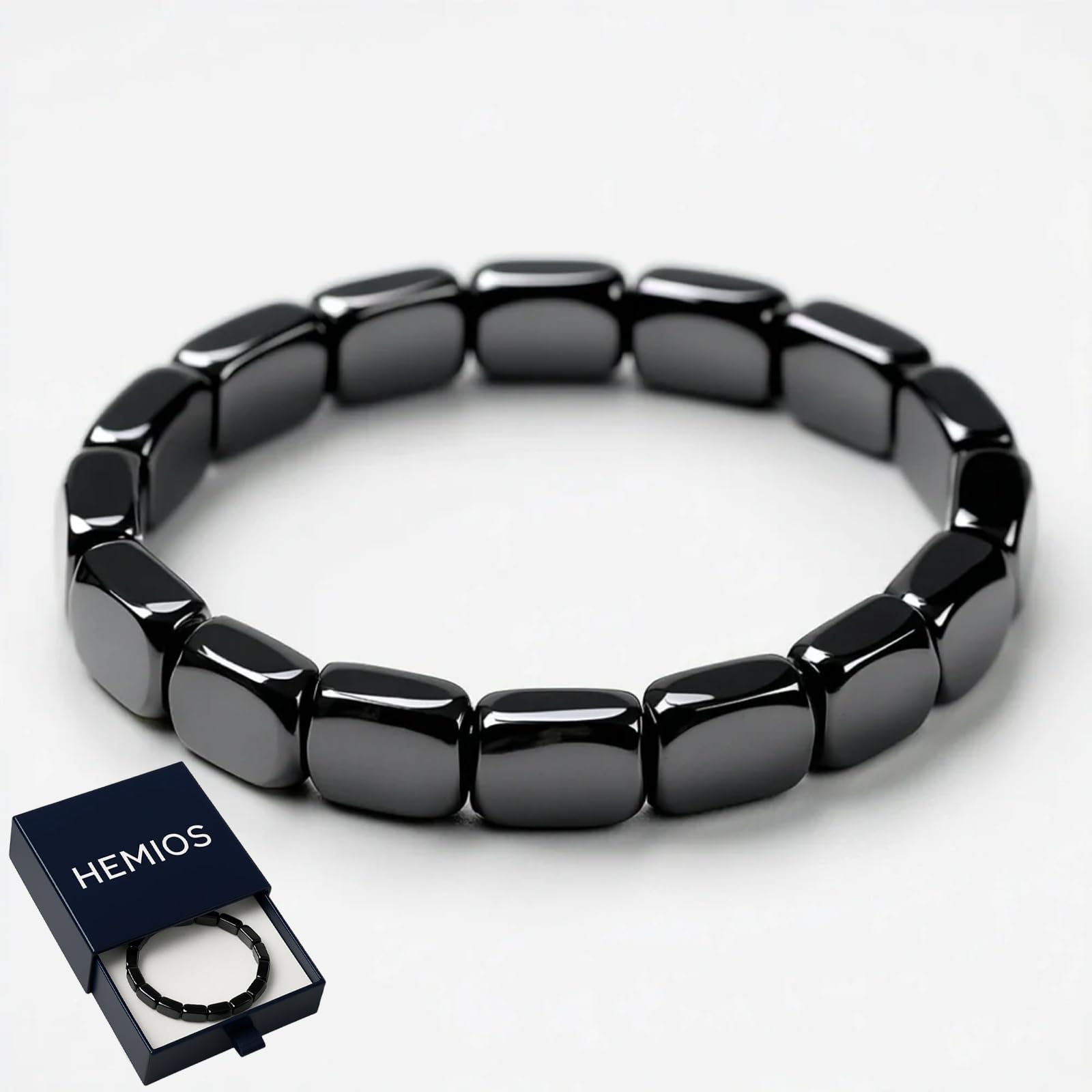 Hemios hematite bracelet on wrist highlighting modern masculine style.