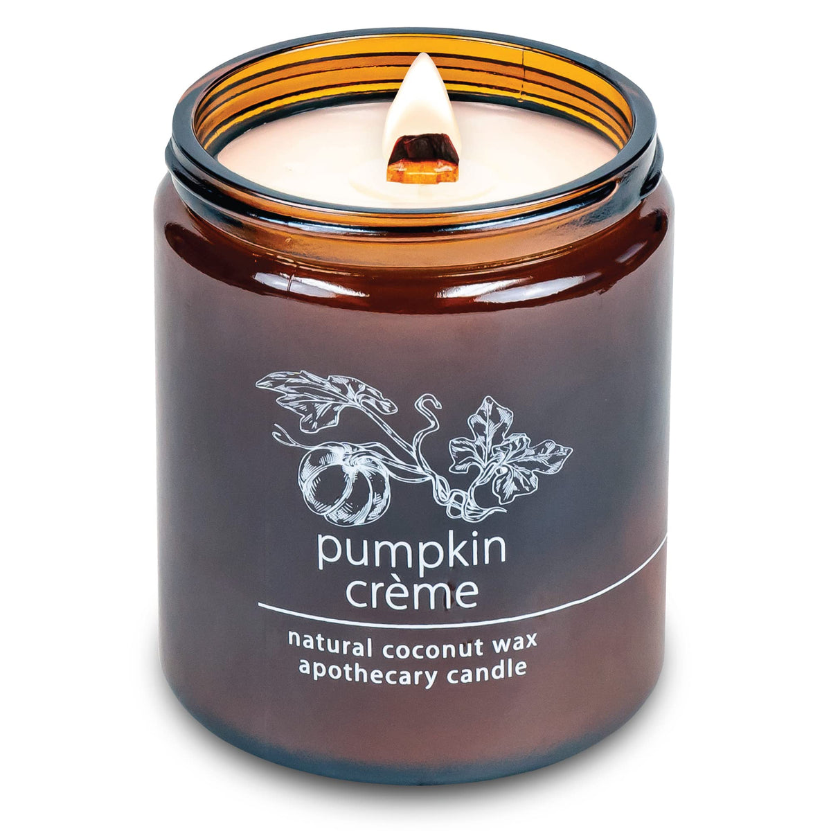 Hemlock Park Pumpkin Creme candle with crackling wood wick creating a cozy glow
