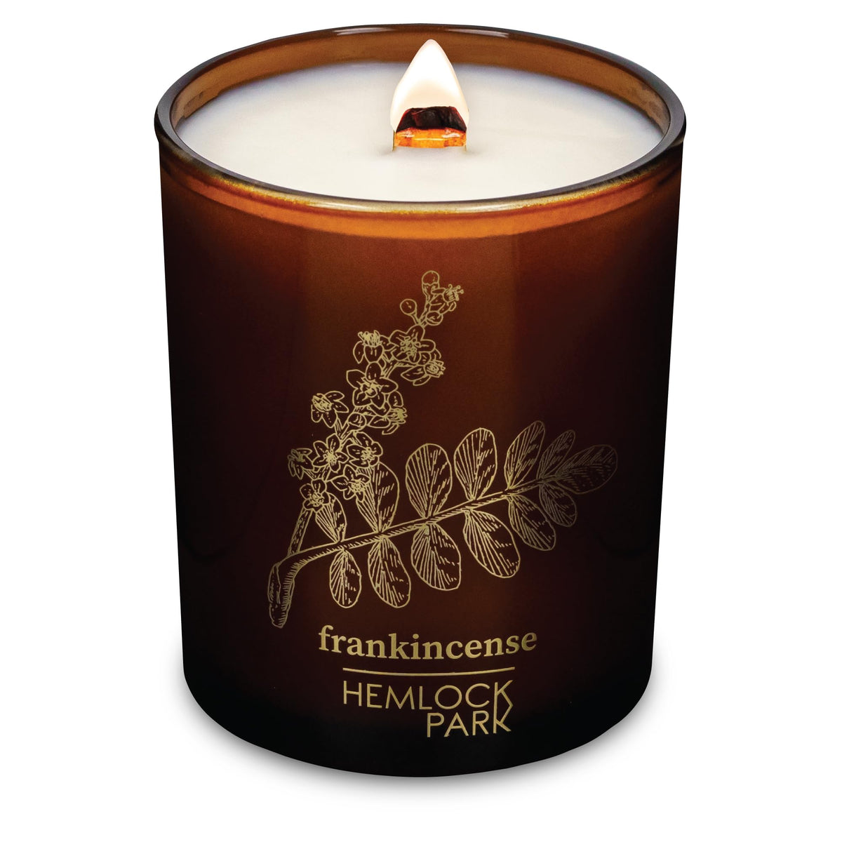 Hemlock Park frankincense candle with wood wick for calm ambience.