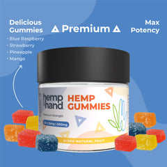 Hemp & Hand Hemp Gummies 500mg close-up of mixed fruit flavors for tasty relief.