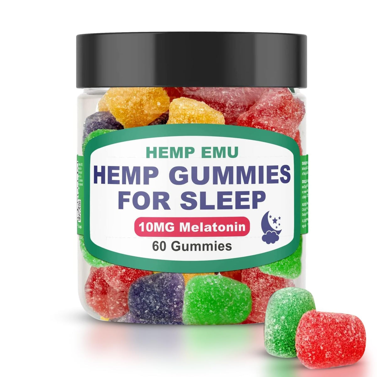 Hemp Emu Sleep Gummies bottle front suggests restful sleep.