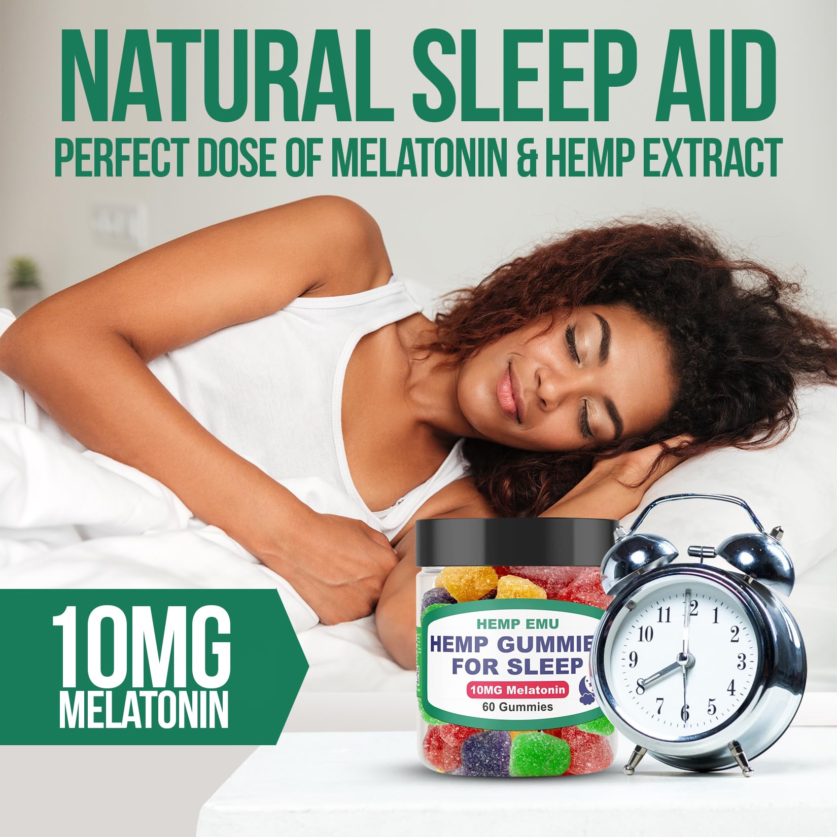 Hemp Emu Sleep Gummies bottle open, convenient chew before bed.