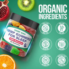 Hemp Emu Sleep Gummies close-up fruits, tasty flavor for bedtime routine.