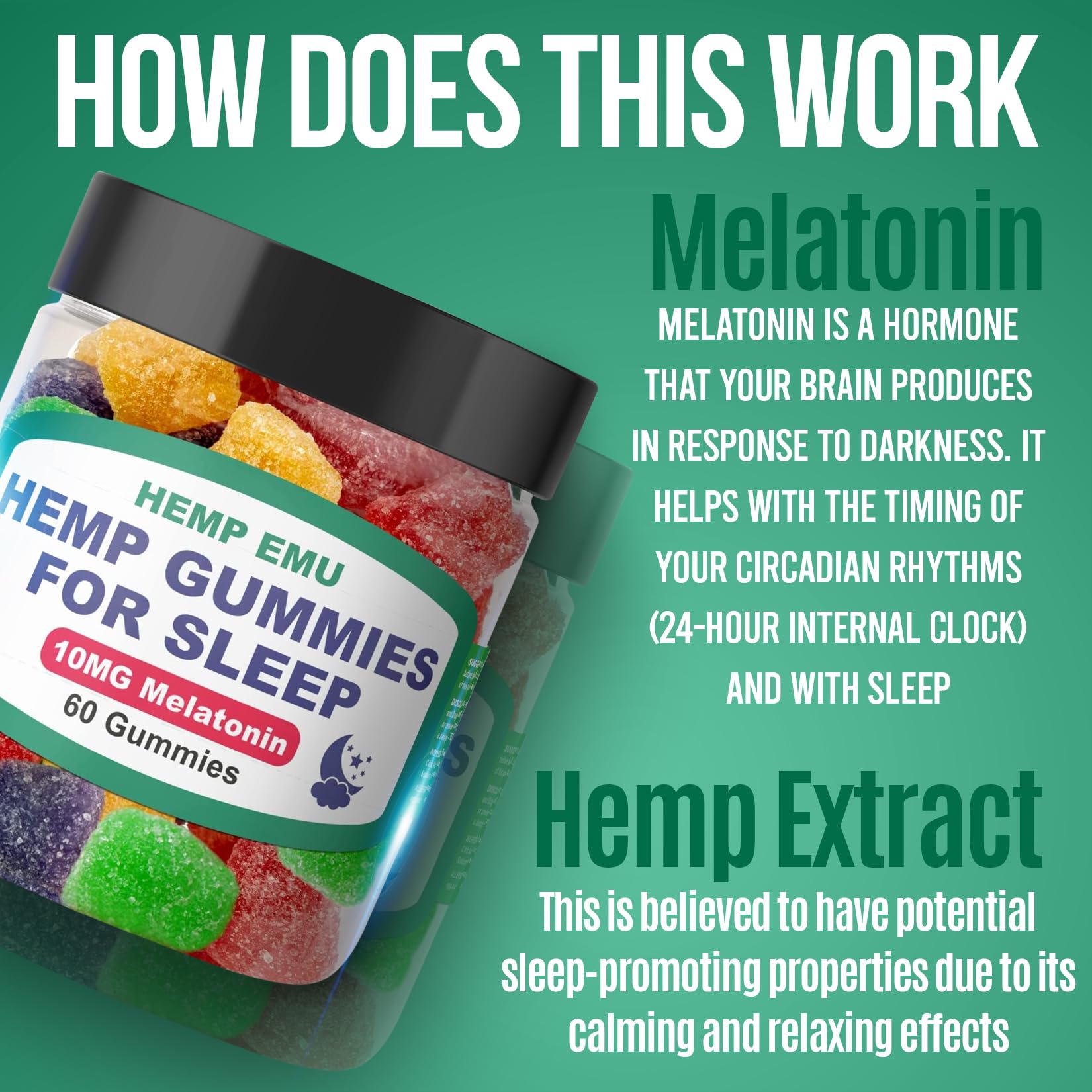 Hemp Emu Sleep Gummies label highlights clean ingredients.
