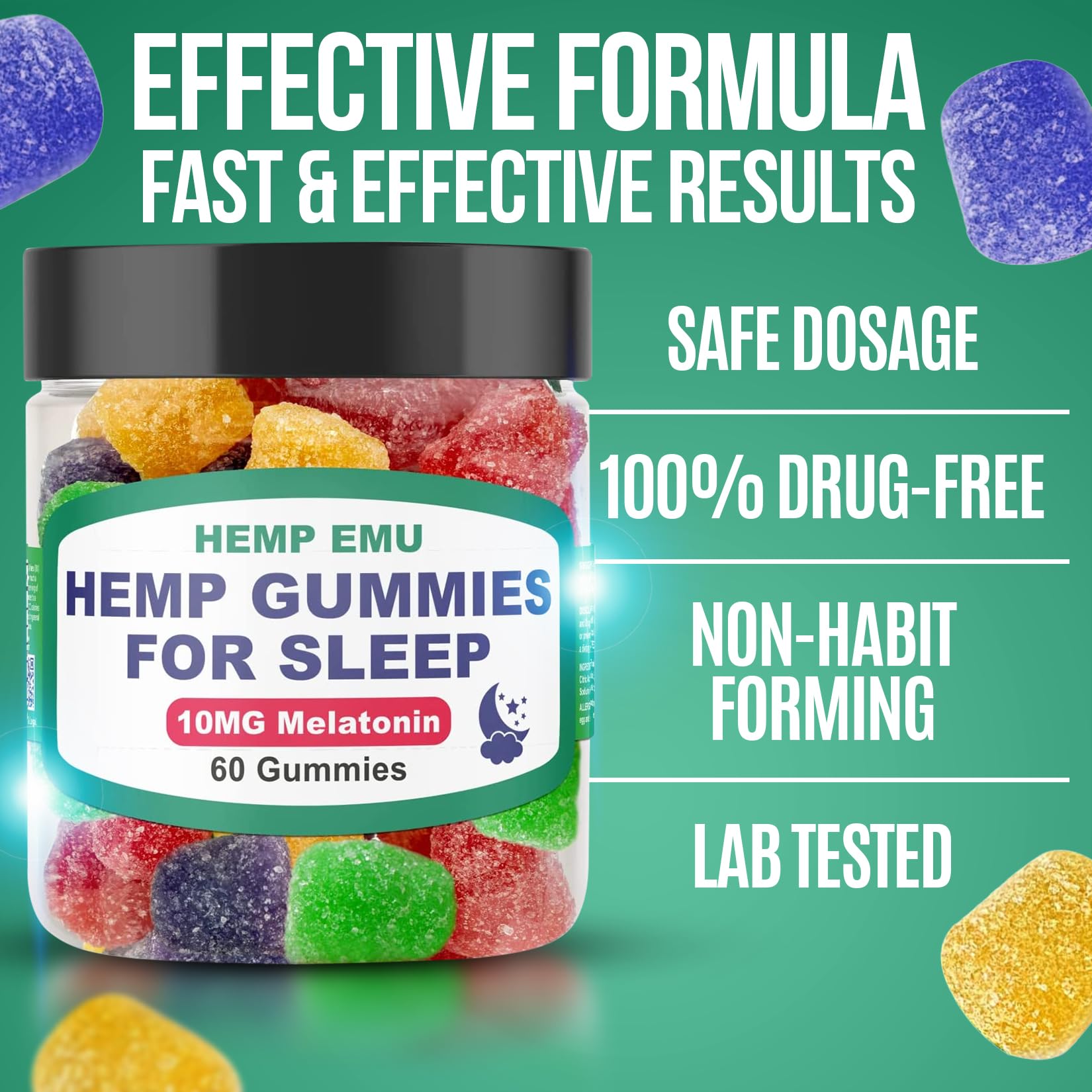 Hemp Emu Sleep Gummies two gummies serving for night use.