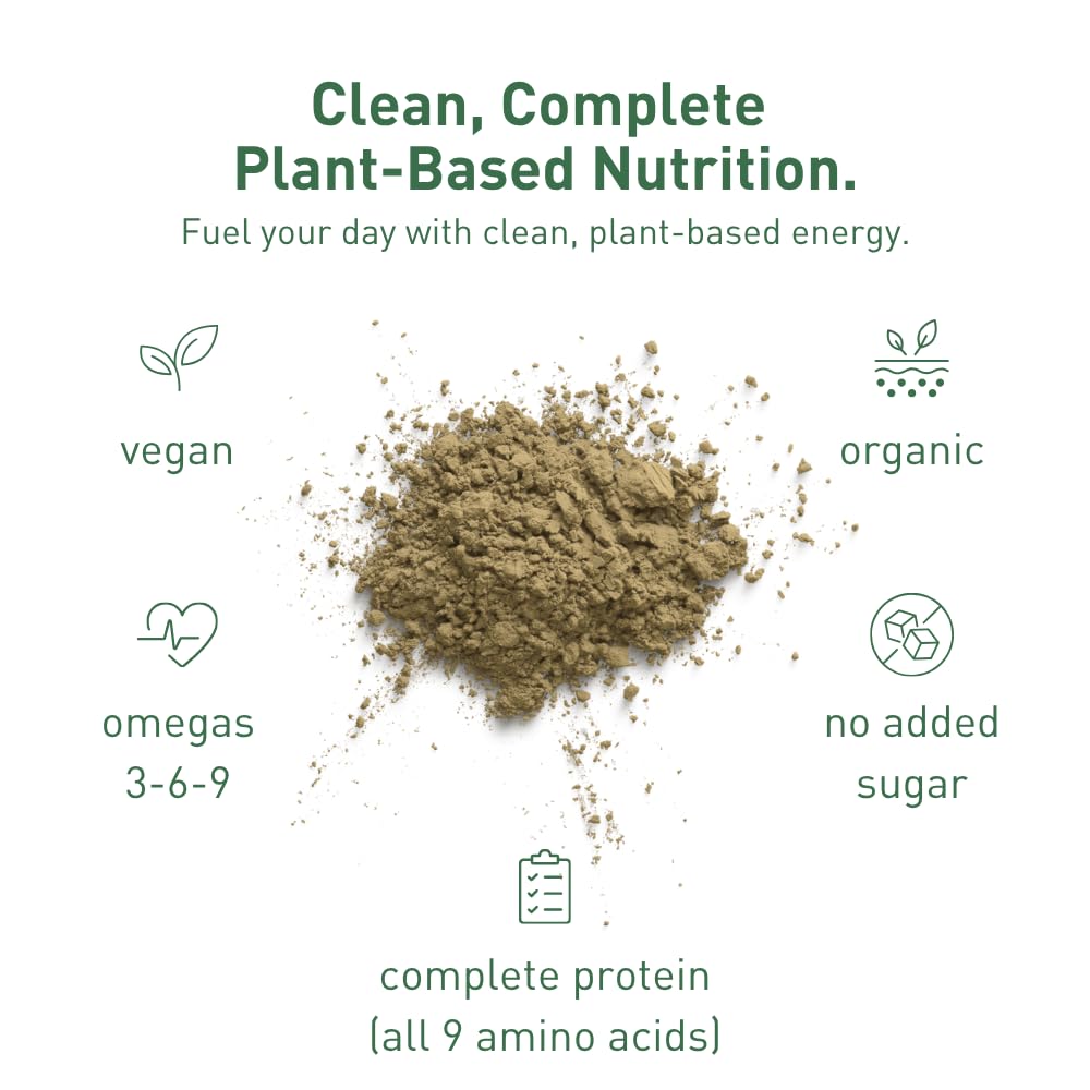 Hemplete hemp protein chocolate tub back shows ingredients and amino acids for daily energy.