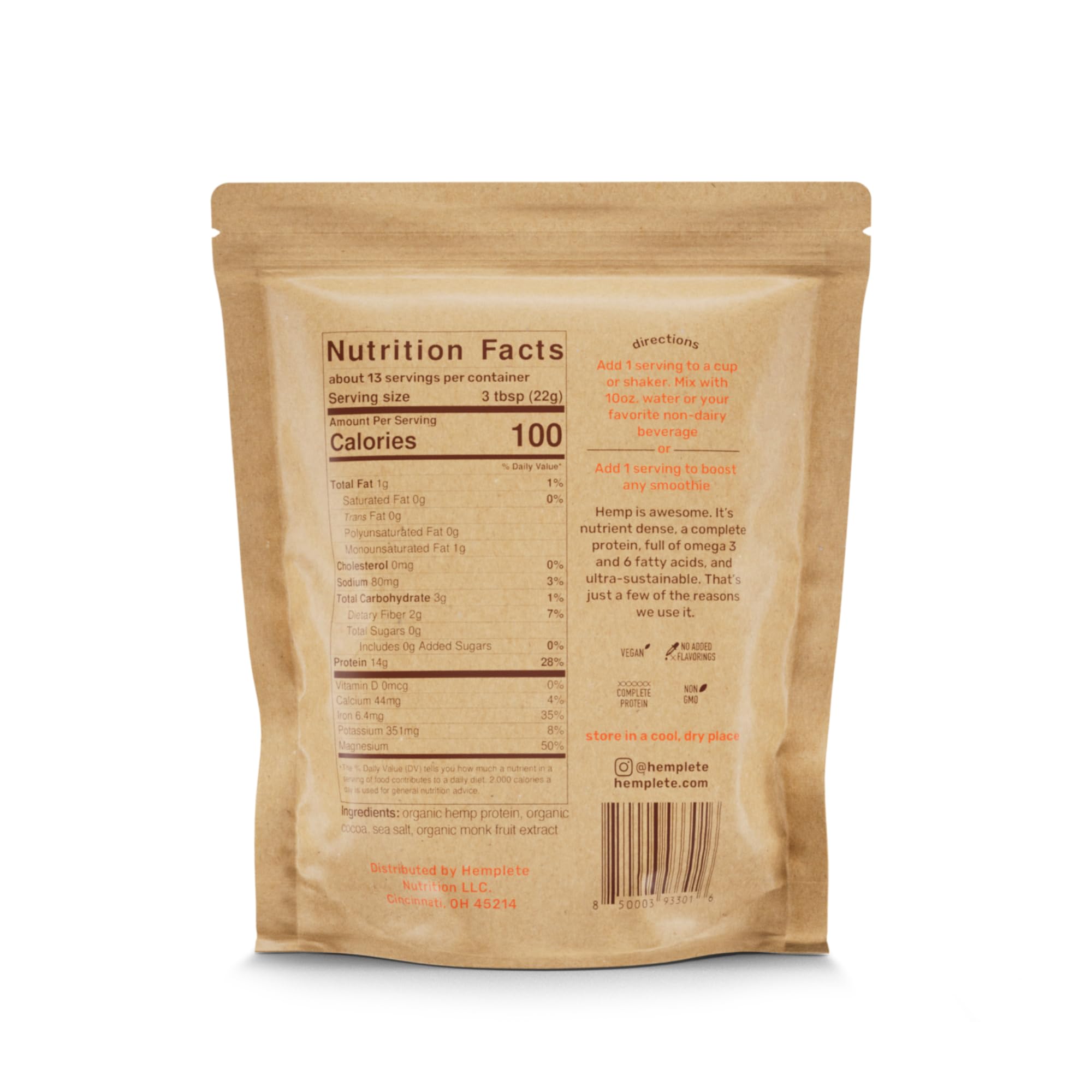 Hemplete ingredient label highlights vegan, gluten-free, dairy-free, and keto-friendly attributes.