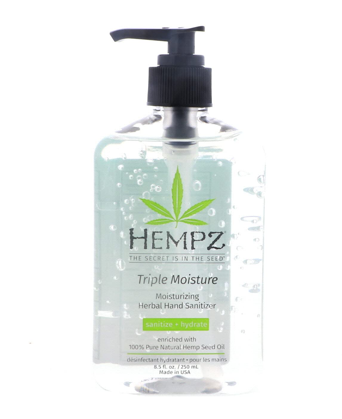 Hempz triple moisture hand sanitizer bottle highlighting germ protection and hydration