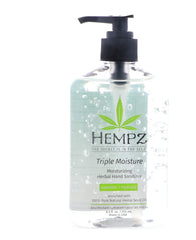 Hempz hand sanitizer label closeup showing natural hemp seed oil benefits