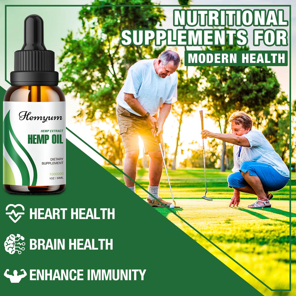 Hemyum vitamin E rich hemp oil bottle highlighting nutrients.