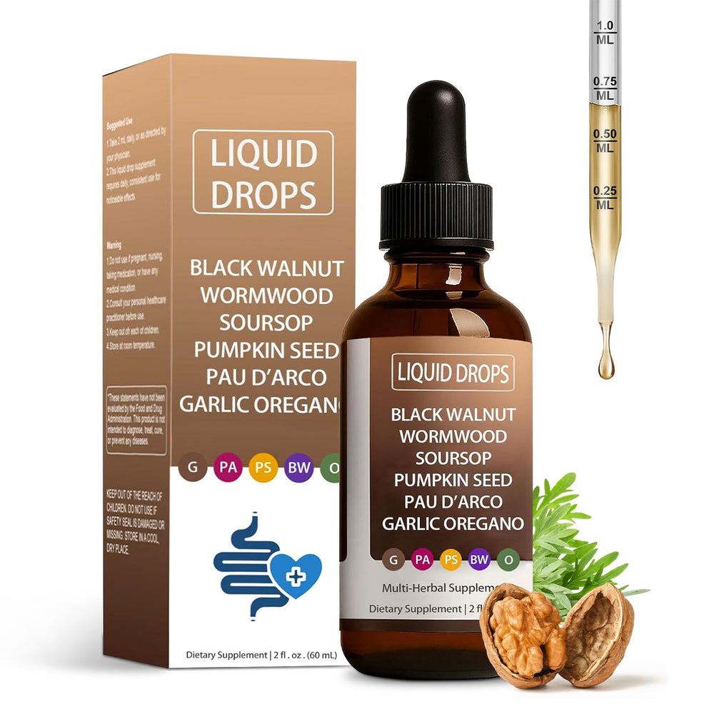 HENGRUNXIN Nutralis black walnut wormwood liquid drops bottle pour for gut health and energy.