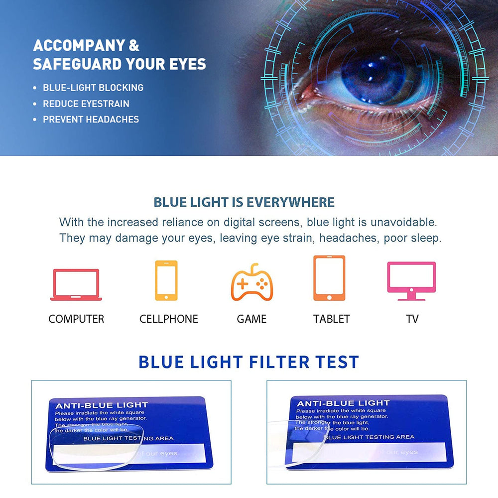 Henotin blue light reading glasses included accessories cover cleaning and storage.