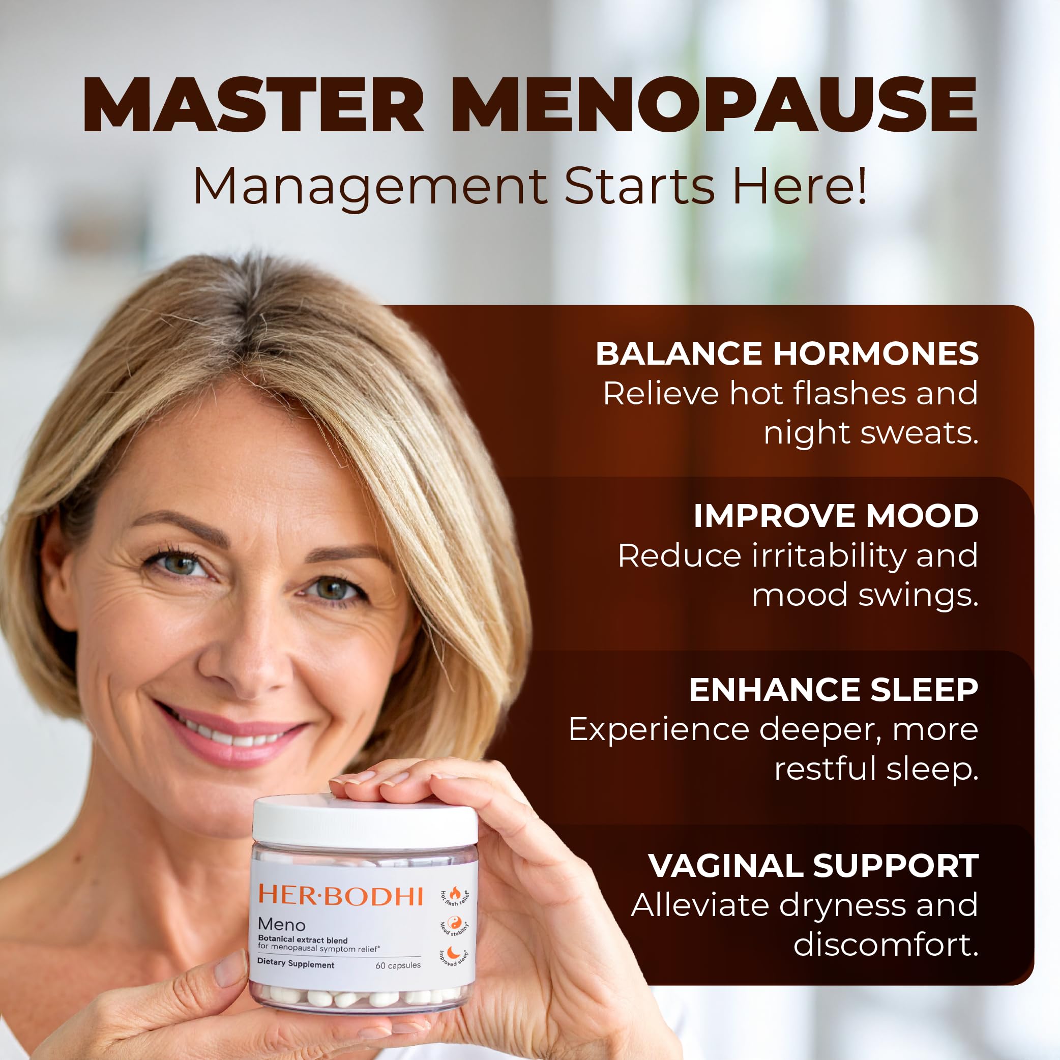 Her Bodhi MENO bottle label detail highlights ingredients like ashwagandha and black cohosh.