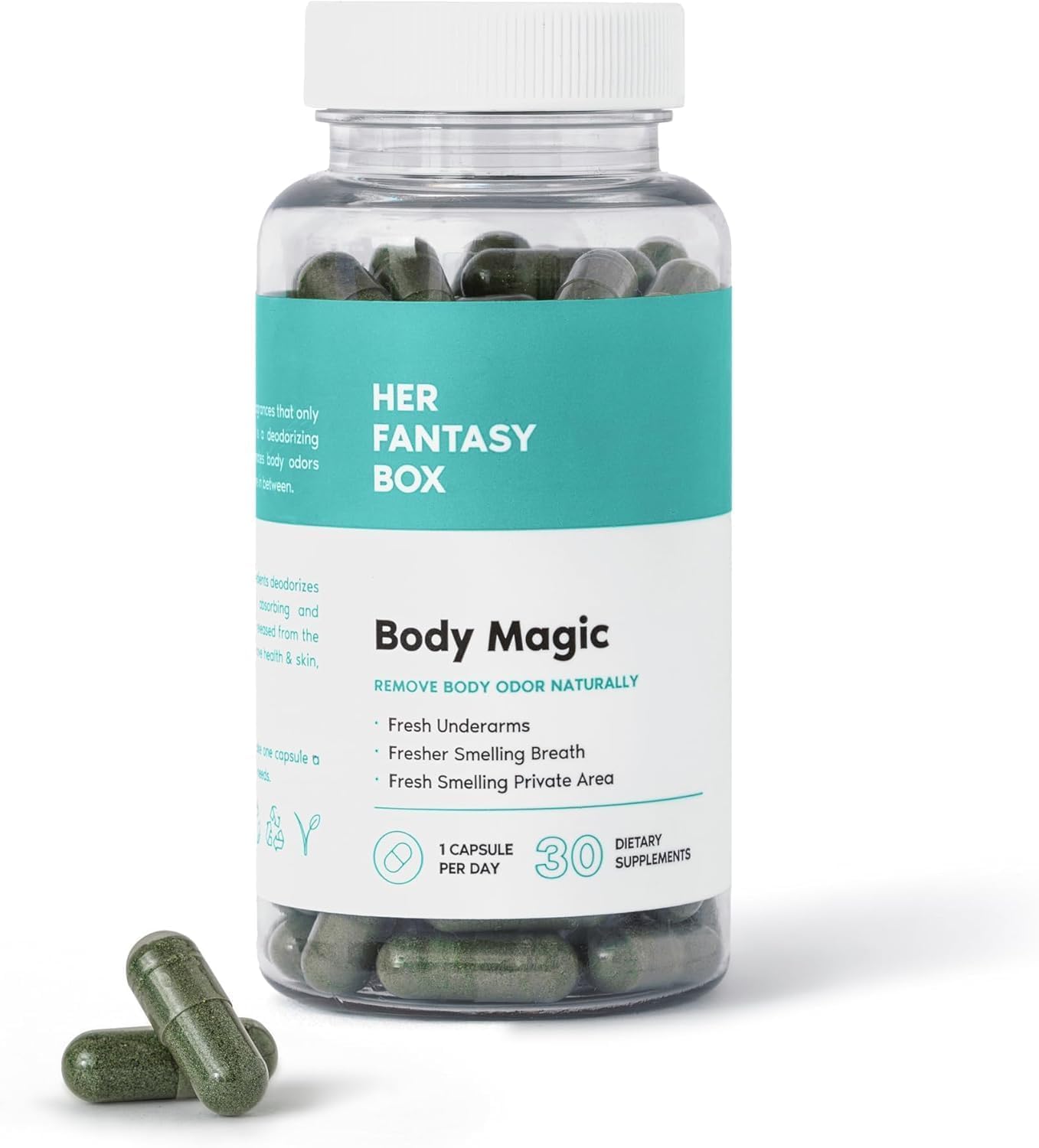 Her Fantasy Box Body Magic bottle front highlighting vegan detox-friendly routine