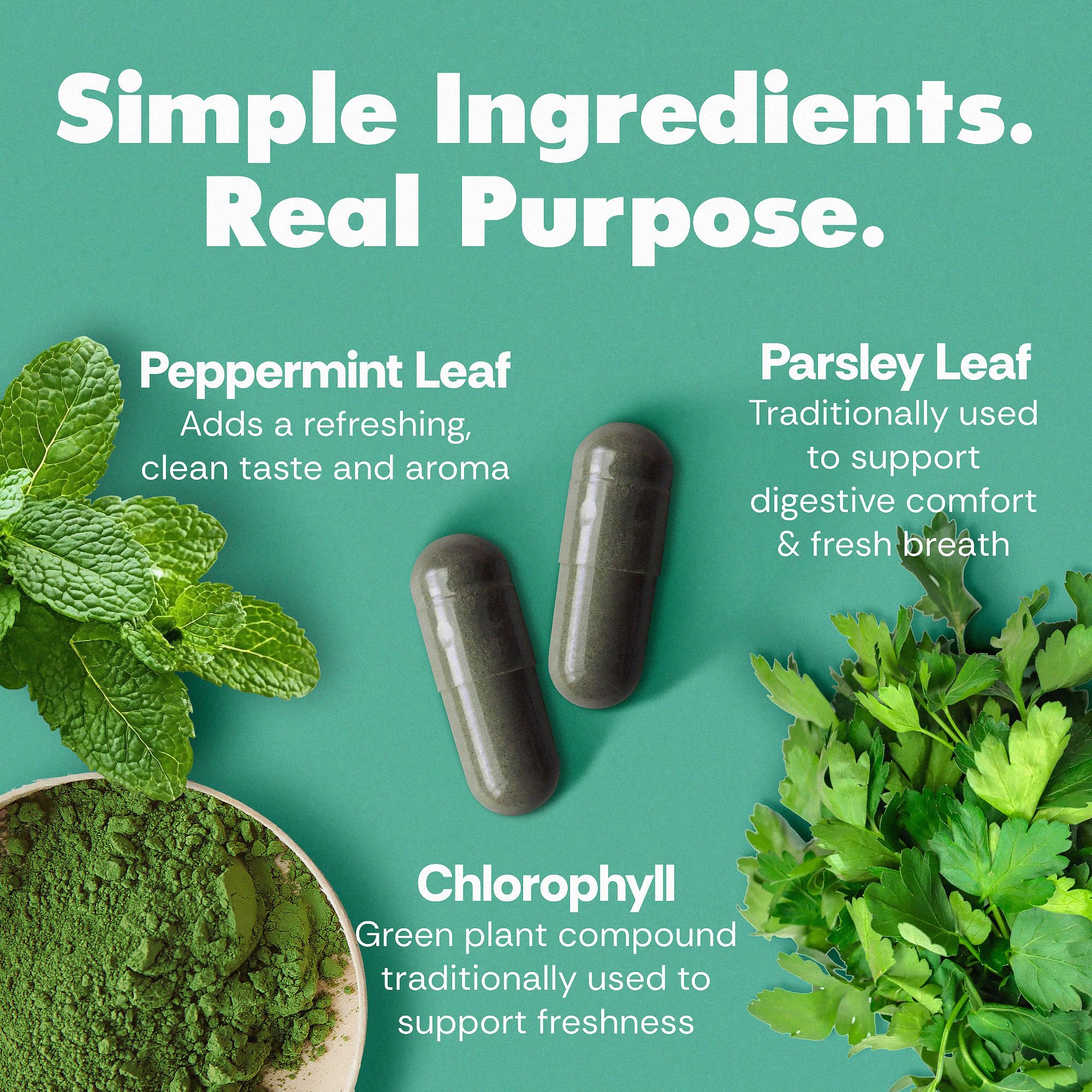 Her Fantasy Box Body Magic capsules closeup emphasizing chlorophyll benefits for digestion