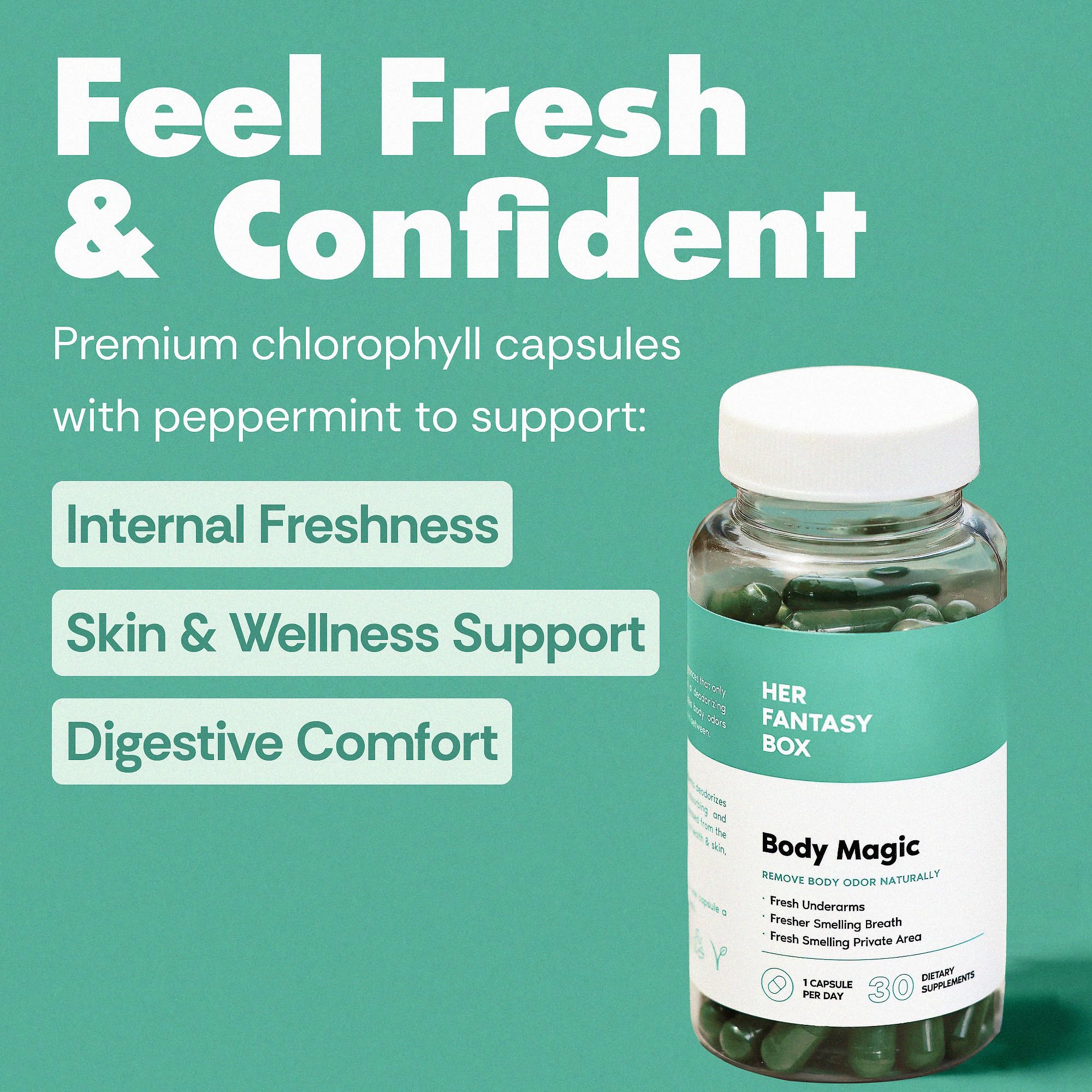 Her Fantasy Box Body Magic label detail shows vegan non-GMO ingredients