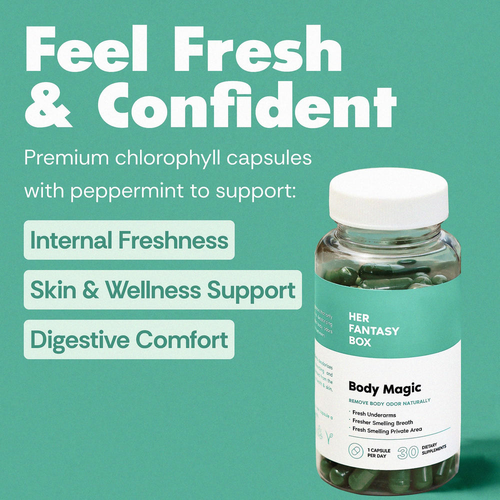 Her Fantasy Box Body Magic label detail, highlighting vegan and non-GMO ingredients